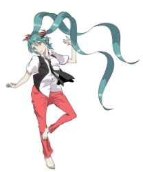  alternate_costume aqua_eyes aqua_hair bad_id bad_pixiv_id barefoot delinquent denim feet female hair_ribbon hatsune_miku jeans long_hair nail_polish necktie pants ribbon shirt solo twintails very_long_hair vest vocaloid yadokugaeru 