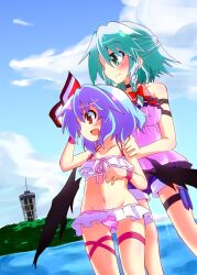  2girls bikini braid choker commentary_request enoshima gin_(shioyude) groin half_updo hand_on_another&#039;s_shoulder izayoi_sakuya knife leg_ribbon multiple_girls navel no_headwear remilia_scarlet ribbon short_hair shorts swimsuit thigh_ribbon thigh_strap touhou tower twin_braids water wings 