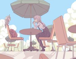  backpack bad_id bad_pixiv_id bag bird black_pantyhose blouse boots cafe chair cloud cockatoo cup day drink drinking_glass female gendou_pose hair_ribbon long_hair original outdoors own_hands_clasped own_hands_together pantyhose parasol parrot pink_hair ponytail ribbon shirt sitting skirt sky solo sulphur-crested_cockatoo table umbrella yamano_(sokonashi) 