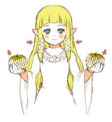  arrow_(symbol) blonde_hair blue_eyes commentary_request dress female food fruit hair_ornament holding holding_food holding_fruit long_hair lowres mutsuki_kaya nashi_pear pear pointy_ears princess_zelda simple_background smile solo the_legend_of_zelda the_legend_of_zelda:_skyward_sword white_dress 