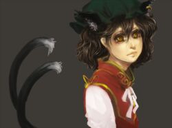  animal_ears bad_deviantart_id bad_id brown_hair cat_ears chen chinese_clothes earrings extra_ears female hat jewelry multiple_tails sheryth short_sleeves simple_background solo tail touhou wavy_hair yellow_eyes 