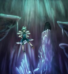  bad_id bad_pixiv_id balancing blue_eyes blue_hair bow cave cirno dress female hairbow hands_on_own_hips ice ice_wings muted_color pietani397 short_hair smile solo stalactite stalagmite standing standing_on_one_leg touhou wings 