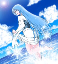  barefoot blue_eyes blue_hair long_hair looking_back water yuki_onna 