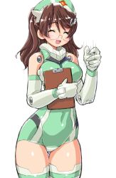  :d bad_id bad_pixiv_id bare_shoulders breasts bright_feather_(busou_shinki) brown_hair busou_shinki clipboard closed_eyes dd_(ijigendd) doll_joints female glasses green_leotard handjob_gesture hat joints large_breasts leotard long_hair nurse nurse_cap open_mouth rimless_eyewear sexually_suggestive smile solo thigh_gap thighhighs 