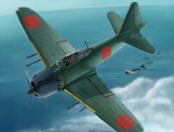  a6m_zero aircraft airplane commentary_request flying kcme military military_vehicle no_humans ocean original pilot propeller ship smoke vehicle_focus water watercraft world_war_ii 