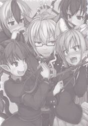  4girls ahoge angry animal_ears black_dress blush cat_ears cat_tail collar cover cover_page doujin_cover dress extra_ears glasses hair_ribbon hat head_wings highres hinami_(hinatamizu) horns kaenbyou_rin kemonomimi_mode leash long_sleeves monochrome morichika_rinnosuke multicolored_hair multiple_girls oerba_yun_fang open_mouth pointy_ears rabbit_ears rabbit_tail reisen_udongein_inaba ribbon shameimaru_aya tail tokiko_(touhou) touhou translation_request twintails two-tone_hair wings 