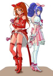  2girls alternate_costume atsuman_(hogumogu25) back_bow blue_eyes boots bow breasts choker cleavage cleavage_cutout clothing_cutout commentary_request crop_top curly_hair eyelashes fantastic_belltier frills full_body green_eyes hairband heart high_heels houjou_maria long_hair magical_girl medium_breasts midriff minamino_misora miracle_belltier multiple_girls navel orange_hair photoshop_(medium) precure purple_hair red_legwear ribbon shoes smile suite_precure thighhighs unofficial_precure_costume wand white_legwear 