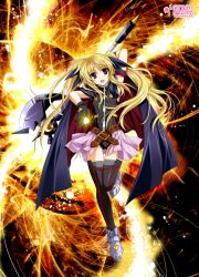  arm_up bardiche_(axe_form)_(nanoha) bardiche_(nanoha) black_gloves black_thighhighs blonde_hair cape commentary_request fate_testarossa fate_testarossa_(lightning_form)_(2nd) female full_body gloves kanna_(plum) long_hair lyrical_nanoha magical_girl mahou_shoujo_lyrical_nanoha mahou_shoujo_lyrical_nanoha_a&#039;s mahou_shoujo_lyrical_nanoha_the_movie_2nd_a&#039;s open_mouth red_eyes showgirl_skirt skirt smile solo thighhighs twintails weapon 