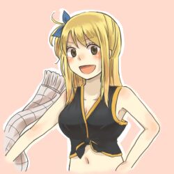  :d blonde_hair blush commentary_request cosplay erinan fairy_tail female lucy_heartfilia natsu_dragneel natsu_dragneel_(cosplay) navel open_mouth photoshop_(medium) scarf smile solo 