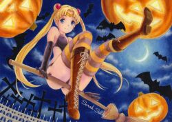  acrylic_paint_(medium) bad_id bad_pixiv_id banned_artist bat bishoujo_senshi_sailor_moon black_gloves blonde_hair blue_eyes boots broom broom_riding colored_pencil_(medium) crescent_moon cross cross-laced_footwear double_bun elbow_gloves from_below gloves halloween jack-o&#039;-lantern leotard long_hair moon night pumpkin sarah_sauge sidesaddle signature solo striped striped_legwear thighhighs tiara traditional_media tsukino_usagi twintails 