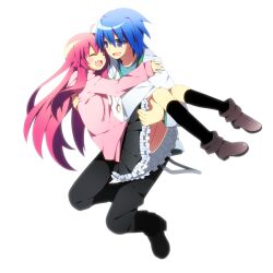  1boy alternate_costume angel_beats! blue_hair carrying closed_eyes commentary_request couple female hinata_hideki long_hair photoshop_(medium) pink_hair princess_carry purple_eyes short_hair soranagi straight yui_(angel_beats!) 