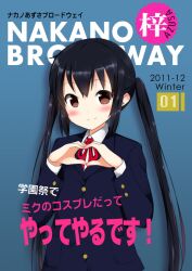  bad_id bad_pixiv_id black_hair brown_eyes character_name cover female heart heart_hands k-on! long_hair magazine_cover masamuuu nakano_azusa photoshop_(medium) sakuragaoka_high_school_uniform school_uniform solo translated twintails 