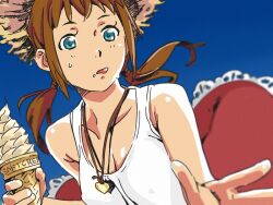  bad_id bad_pixiv_id bare_shoulders blue_eyes blurry brown_hair depth_of_field dutch_angle female food food_on_face foreshortening hat heart ice_cream ice_cream_cone ice_cream_on_face jewelry licking_lips original painttool_sai_(medium) pendant shirt sleeveless sleeveless_shirt solo straw_hat tarou2 tongue tongue_out twintails 