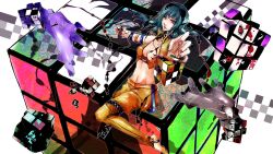  blue_hair commentary_request female fingernails goggles goggles_on_head green_hair gumi midriff navel painttool_sai_(medium) red_eyes rubik&#039;s_cube shiinoyuko short_hair solo vocaloid 