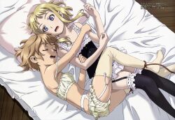  2girls absurdres bare_shoulders bed black_legwear blonde_hair blue_eyes brown_hair camisole closed_eyes fam_fan_fan garter_belt highres horiuchi_osamu hug last_exile last_exile:_gin&#039;yoku_no_fam leg_between_thighs lingerie lying megami_magazine millia_il_velch_cutrettola_turan multiple_girls official_art open_mouth pillow ribbon rope scan short_hair sleeping strap_slip thighhighs underwear underwear_only yuri 