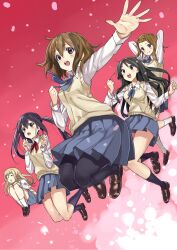  5girls akiyama_mio black_eyes black_hair blonde_hair blue_eyes brown_eyes brown_hair commentary_request gaou_(umaiyo_puyoman) highres hirasawa_yui jumping k-on! kneehighs kotobuki_tsumugi loafers long_hair multiple_girls nakano_azusa pantyhose perspective photoshop_(medium) sakuragaoka_high_school_uniform school_uniform shoes short_hair skirt socks sweater_vest tainaka_ritsu twintails 