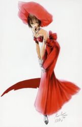  anna_williams bare_shoulders brown_hair choker dress female formal gloves hat leaning_forward long_dress lowres red_dress short_hair signature solo strapless strapless_dress tekken 