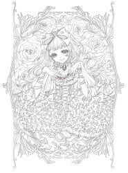  bow brooch commentary_request dress eyelashes female flower framed frills gathers greyscale hairbow hands_on_own_chest jewelry long_hair monochrome pixiv_alice_in_under_world ribbon rinko_(mg54) rose smile solo too_many too_many_frills traditional_media 