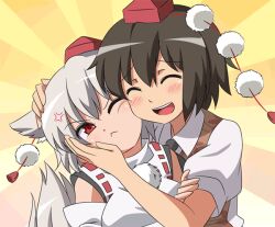  2girls :&lt; :d ^_^ anger_vein animal_ears animated animated blush brown_hair cheek-to-cheek closed_eyes commentary_request detached_sleeves grey_hair hand_fan head_grab headpat heads_together inubashiri_momiji kimeemaru multiple_girls one_eye_closed open_mouth red_eyes shameimaru_aya shimouki_izui shirt short_hair skirt smile tail touhou translated wolf_ears wolf_tail yukkuri_shiteitte_ne 