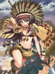  bikini bikini_top_only black_hair bracelet commentary_request cowboy_western dragon_maker facepaint feathers female fringe_trim gaou_(umaiyo_puyoman) green_eyes hair_tubes headdress jewelry long_hair moccasins native_american native_american_headdress navel open_mouth outdoors photoshop_(medium) polearm skirt sky solo spear standing swimsuit warbonnet weapon 