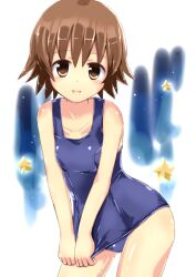  brown_eyes brown_hair clothes_pull commentary_request female hat highres naka_(cheeseyeast) one-piece_swimsuit one-piece_swimsuit_pull santa_hat sawatari_fuu school_swimsuit shiny_clothes short_hair solo swimsuit tamayura 