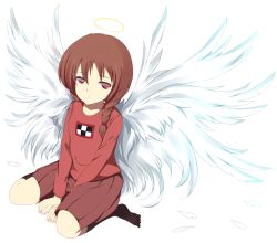  angel angel_wings bad_id bad_pixiv_id braid brown_eyes brown_hair expressionless female halo kneehighs madotsuki mizukami_ryouma pink_shirt purple_skirt shirt simple_background sitting skirt socks solo twin_braids white_wings wings yume_nikki 