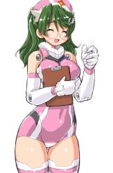  :d bad_id bad_pixiv_id bare_shoulders breasts bright_feather_(busou_shinki) busou_shinki clipboard closed_eyes dd_(ijigendd) doll_joints female glasses green_hair hand_gesture hat joints large_breasts leotard long_hair nurse nurse_cap open_mouth pink_leotard rimless_eyewear smile solo thigh_gap thighhighs 