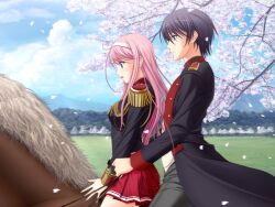  1boy black_hair blue_eyes cherry_blossoms female game_cg horse horseback_riding kisaki_mio komori_kei long_hair mizuno_takahiro multiple_riders open_mouth pink_hair riding tree uniform walkure_romanze 