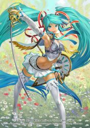  alteil alteil_battle_rpg alternate_costume aqua_eyes aqua_hair arched_back armpits commentary_request detached_sleeves female hatsune_miku legs long_hair long_legs midriff miniskirt navel shield skirt smile solo standing sword takayama_toshiaki thighhighs twintails very_long_hair vocaloid weapon white_thighhighs zettai_ryouiki 