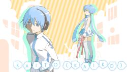  1boy blue_scarf boots commentary_request daigoman dual_wielding earrings female genderswap_(mtf) headphones holding holding_water_gun jewelry kaiko kaito_(vocaloid) mahou_shoujo_madoka_magica mahou_shoujo_madoka_magica_(anime) parody photoshop_(medium) rule_63 scarf short_hair skirt style_parody thighhighs vocaloid water_gun 