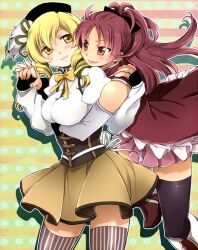  2girls bare_shoulders beret black_thighhighs blonde_hair breasts commentary_request corset drill_hair fingerless_gloves gloves hair_ornament hair_ribbon hat hug hug_from_behind large_breasts long_hair magical_girl mahou_shoujo_madoka_magica mahou_shoujo_madoka_magica_(anime) multiple_girls pleated_skirt ponytail red_hair ribbon sagami_(liars) sakura_kyoko sakura_kyoko_(magical_girl) shirt skirt striped_clothes striped_thighhighs taut_clothes taut_shirt thighhighs tomoe_mami tomoe_mami_(magical_girl) vertical-striped_clothes vertical-striped_thighhighs zettai_ryouiki 