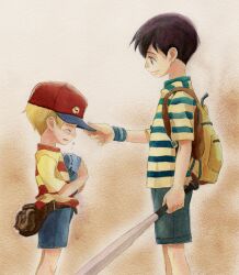  2boys arm_at_side backpack bag baseball_bat baseball_cap black_eyes black_hair blonde_hair blue_shorts blush borrowed_clothes brown_eyes closed_eyes closed_mouth commentary_request crossover crying fanny_pack from_side graphite_(medium) hat holding holding_to_chest ichiyo_(ichiyon) lightning_bolt_symbol lolicon looking_at_another lowres lucas_(mother_3) male_focus md5_mismatch mother_(game) mother_2 mother_3 multiple_boys ness_(mother_2) open_mouth painting_(medium) profile putting_on_headwear resolution_mismatch shirt shoes short_sleeves shorts smile source_larger standing striped_clothes striped_shirt t-shirt tears traditional_media unworn_hat unworn_headwear unworn_shoes watercolor_(medium) wristband 