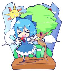  &acirc;&lsquo;&uml; &gt;_&lt; (9) ? blue_hair bow chibi cirno closed_eyes dress food hairbow ice_cream kaimantokage open_mouth popsicle short_hair smile suika_bar touhou tree watermelon_bar 