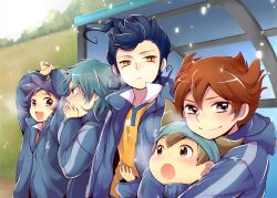  5boys bad_id bad_pixiv_id blue_eyes blue_hair blush breath brown_hair green_hair headband inazuma_eleven_(series) inazuma_eleven_go kageyama_hikaru kariya_masaki male_focus matsukaze_tenma multiple_boys nishizono_shinsuke open_mouth outdoors popped_collar purple_hair racotta smile snow tsurugi_kyousuke yellow_eyes 