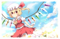  ascot bell_(oppore_coppore) blonde_hair blue_sky blush cloud commentary_request day female field flandre_scarlet flower flower_field hat hat_ribbon outdoors red_eyes ribbon shirt side_ponytail skirt skirt_set sky smile solo touhou wings 