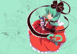  :&lt; bad_id bad_pixiv_id bow character_doll dress female from_above green_eyes green_hair hair_ribbon hairbow hakurei_reimu highres houjuu_nue hugging_doll hugging_object ikuya_koimori kagiyama_hina moriya_suwako oerba_yun_fang remilia_scarlet ribbon smile solo touhou zoom_layer 