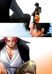  2boys beard cape commentary_request facial_hair gimp_(medium) hat kara_(acluf-0156) multiple_boys one_piece portgas_d._ace red_hair scar shanks_(one_piece) shirt short_hair smile 