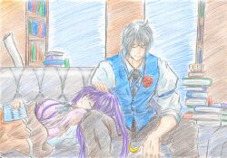  1boy ahoge bad_id bad_pixiv_id book book_stack bookshelf broad_shoulders closed_eyes female glasses headpat long_hair morichika_rinnosuke patchouli_knowledge purple_hair sleeping smile touhou vest white_hair yellow_eyes you_(esparda) 