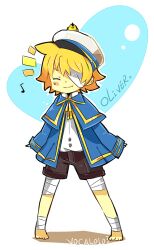  1boy bandage_over_one_eye bandages barefoot bird blonde_hair commentary_request hat james_(vocaloid) kusayusaai male_focus musical_note oliver_(vocaloid) sailor_hat smile solo vocaloid 