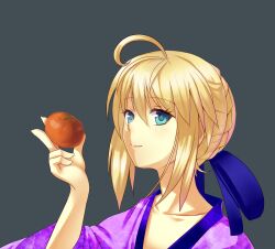  artoria_pendragon_(fate) blonde_hair blue_eyes commentary_request eyelashes fate/stay_night fate_(series) female food fruit hair_ribbon japanese_clothes kimono persimmon photoshop_(medium) ribbon saber_(fate) solo wain2 