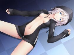  blue_eyes bottomless breasts cleavage cross female hood hoodie jewelry kyoeiki lying naked_hoodie navel necklace on_back open_clothes open_mouth original short_hair sleeves_past_wrist sleeves_past_wrists solo white_hair zipper 