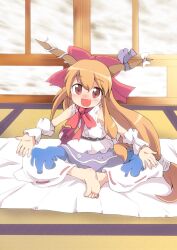  bare_shoulders barefoot blush commentary_request female gourd horns ibuki_suika indian_style lolicon long_hair massala open_mouth orange_hair outstretched_arms shirt sitting skirt sleeveless sleeveless_shirt smile solo spread_arms tatami touhou very_long_hair wrist_cuffs 