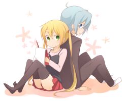  1boy ayasaki_hayate back-to-back blonde_hair blue_eyes blue_hair butler commentary_request female green_eyes hayate_no_gotoku! kinokosuke long_hair notebook pen sanzen&#039;in_nagi short_hair thighhighs twintails 