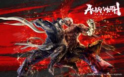  2boys angry asura asura&#039;s_wrath asura_(asura&#039;s_wrath) beard black_hair blue capcom clenched_hand collision cyber_connect_2 epic facial_hair fist headbutt multiple_boys official_art red rival wallpaper white_hair yasha_(asura&#039;s_wrath) 