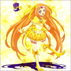  :d akasata bad_id bad_pixiv_id boots bow brooch bubble_skirt choker circlet cure_muse_(yellow) dodory female frills full_body hair_ribbon happy heart jewelry knee_boots long_hair magical_girl open_mouth orange_hair pink_eyes precure ribbon shadow shirabe_ako skirt smile suite_precure yellow_background yellow_bow yellow_choker yellow_skirt yellow_theme 