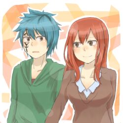  1boy blue_hair blush brown_eyes commentary_request couple erinan erza_scarlet fairy_tail female jellal_fernandes photoshop_(medium) red_hair smile straight tattoo 