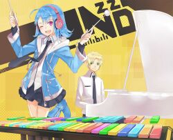  1boy ahoge bili_girl_22 bilibili blonde_hair blue_hair character_name feijian_(bilibili) female green_eyes hao_(patinnko) headphones instrument leg_up necktie no_gloves oerba_yun_fang one_eye_closed open_mouth piano red_eyes short_hair stick teeth xylophone 