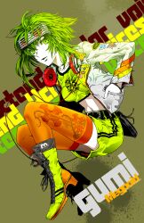  belt boots casual commentary_request crop_top fashion female goggles green_eyes green_hair gumi headphones headphones_around_neck highres jacket midriff nagimiso navel short_hair shorts smile solo thighhighs vocaloid yellow_shorts 