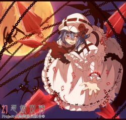  bat_(animal) bat_wings blue_hair broken broken_chain chains commentary_request curiosities_of_lotus_asia dress female flower full_moon fuurin_(omaemona) hat hat_flower hat_ribbon miserable_fate moon open_mouth photoshop_(medium) pink_dress red_eyes remilia_scarlet ribbon short_hair solo spell_card touhou wings 