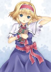  ahoge alice_margatroid arm_up bad_id bad_pixiv_id blonde_hair blue_dress blue_eyes book bow capelet dress female hairband hand_in_own_hair highres open_mouth rasahan sash short_hair solo touhou tucking_hair wrist_cuffs 